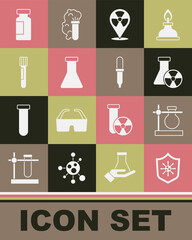 Set Shield protecting from virus, Test tube flask on stand, radiation, Radioactive location, and Pipette icon. Vector