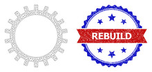 Rebuild Scratched Stamp, And Gear Icon Network Structure. Red And Blue Bicolored Stamp Seal Has Rebuild Title Inside Ribbon And Rosette. Abstract Flat Mesh Gear, Created From Flat Mesh.