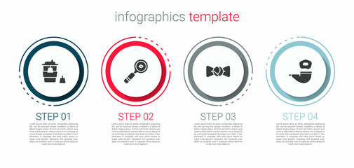 Wall Mural - Set Coffee cup to go, Magnifying glass, Bow tie and Smoking pipe. Business infographic template. Vector