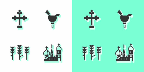 Sticker - Set Saint Basil's Cathedral, Christian cross, Wheat and Cockerel lollipop icon. Vector