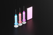 © Myshkovskyi - Cartoon syringes near a smartphone on a black background. Vaccination against coronavirus concept. 3d render illustration.