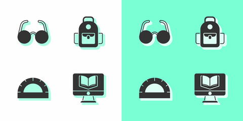 Sticker - Set Online class, Glasses, Protractor grid and School backpack icon. Vector