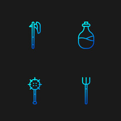 Poster - Set line Garden pitchfork, Medieval chained mace ball, axe and Old bottle of wine. Gradient color icons. Vector