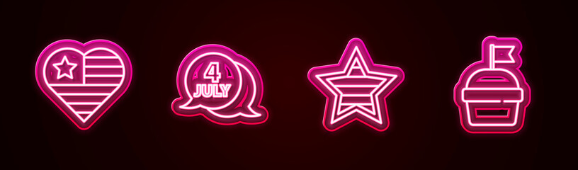 Sticker - Set line USA Independence day, , and Cake. Glowing neon icon. Vector