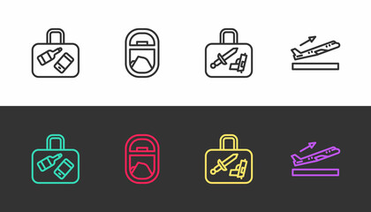 Sticker - Set line Suitcase, Airplane window, and Plane takeoff on black and white. Vector