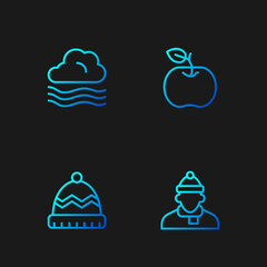 Sticker - Set line Autumn clothes, Winter hat, Windy weather and Apple. Gradient color icons. Vector