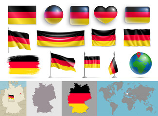Wall Mural - set of germany flags of various shapes and maps. realistic waving german flag on pole, table flag, g