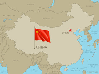 Wall Mural - high detailed china map with flag and labelings. editable gray political map of china with region bo