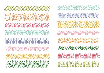 Poster - Set of Christmas Themed Seamless Pattern Brush Doodle Vector Illustration