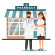 pharmacy with doctor and nurse in front of drugstore