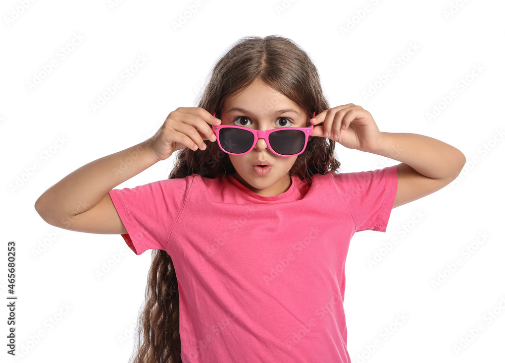 Cool stylish little girl on white background