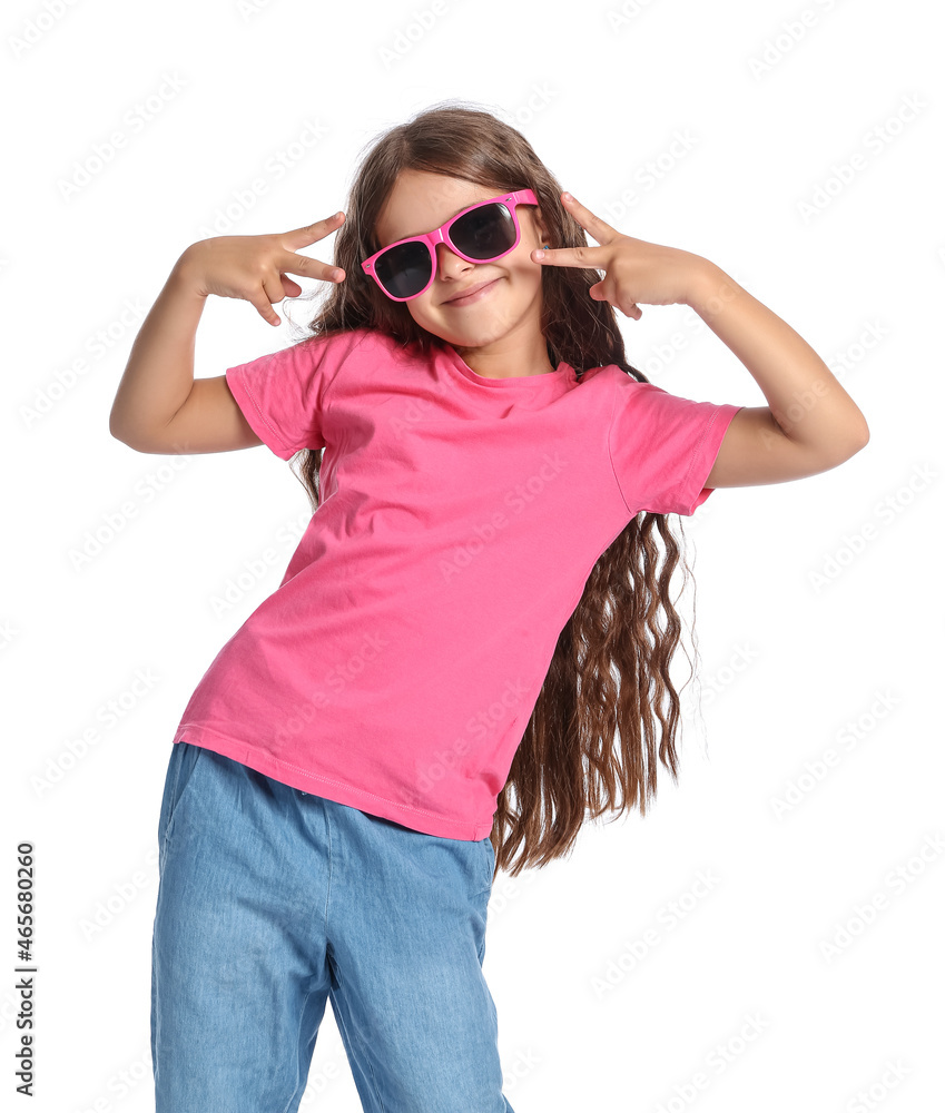 Cool stylish little girl on white background