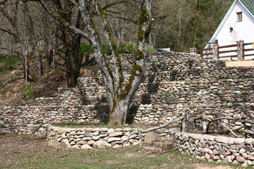 Sunny spring day. On a slope of the hill big trees grow and from a natural stone several retaining walls are put.