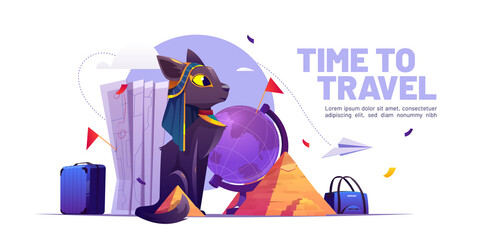 Time to travel cartoon banner with Egypt cat goddess Bastet, egyptian pyramids, suitcase, world map, and globe. Tourism service background, summer vacation, visit world landmark, Vector illustration