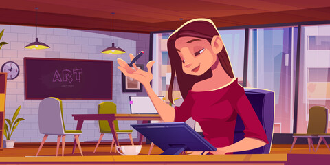 Wall Mural - Girl with digital tablet works in open space office. Vector cartoon illustration of woman designer and coworking workplace interior with blackboard, tables, laptop and chairs