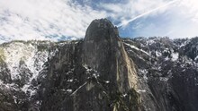 Aerial Footage Of A Vast Wilderness Area With Deep Valleys And Granite Rocks. Impressive Natural Landscape Of Unusual Rock Formations With Majestic Peaks And Domes In Yosemite. High Quality 4k Footage