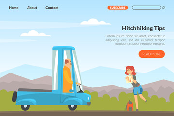 Sticker - Hitchhiking or Thumbing with Woman Character Stopping Car for Travelling Vector Landing Page Template