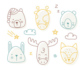 Wall Mural - cute doodle stroke animals head bundle. collection of sketch outline characters. funny decorative se