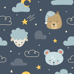 Wall Mural - cute scandinavian night dream cloud animal pattern. seamless texture for fabric, textile, wrapping, 