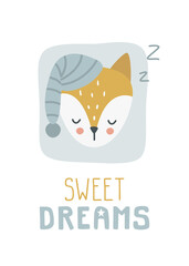 Wall Mural - cute sleeping scandinavian doodle fox portrait poster. print for poster, apparel, fabric, paper, car
