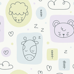 Wall Mural - Cute doodle outline animal head pastel pattern. Seamless texture for fabric, textile, wrapping, paper, stationery, nursery, bed.