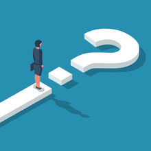 Road Forward In Form Of Question Mark. What's Next Big Question Mark On Way. Businesswoman In Suit With Briefcase Looking Unknown Open. Vector Illustration Isometric 3D Design.