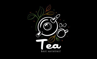 Sticker - Vector logo with a painted teapot, a cup of tea and leaves on a black background