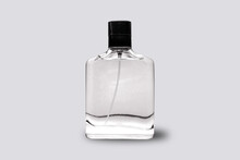 Empty Blank White Perfume Cosmetic Bottle Mock Up Isolated On A Grey Background. 3d Rendering.