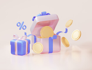 Wall Mural - Opening gift box with coins, percent and payment., 3d rendering