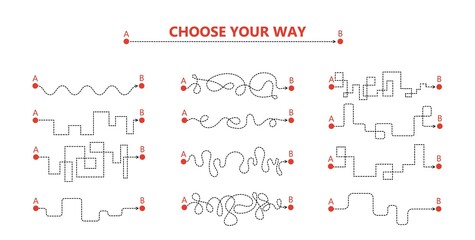 Set of difficult and easy simple way process from start to end. Vector card illustration with path to success outline art concept. The road from point a to point b. Right and wrong way with messy line