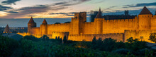 Lighted Carcassonne Fortification Walls Seen From Vineyards Surrounding The City-Panorama.
