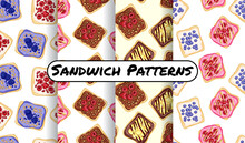 Set Of Toast Bread Sandwiches Comic Style Seamless Border Patterns. Sandwiches With Fruits And Vegetables Healthy Green Wallpapers. Breakfast Or Lunch Food Background Texture Tiles Collection