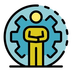 Wall Mural - Man and huge gear wheel icon. Outline man and huge gear wheel vector icon color flat isolated