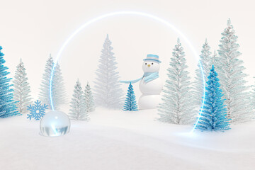Aufkleber - Winter Christmas scene with snowman decoration. 3d rendering.