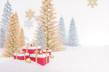 Leinwandbilder - Winter Christmas scene with gift box decoration. 3d rendering.