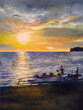 © Jack - oil painting sunset on the beach. a group of fishermen are preparing a boat for fishing