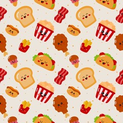 Wall Mural - seamless pattern cute funny fast food kawaii style icons isolated on pink background. illustration vector.