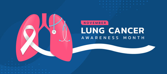 Lung cancer awareness month banner white ribbon and and Stethoscope around on pink lung symbol on blue curve texture background vector design