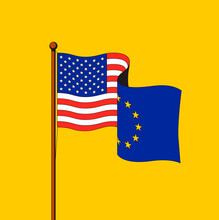 American And European Union Flags Connected On Flagpole