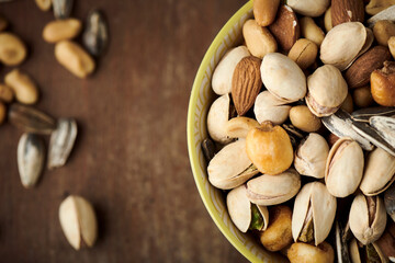 nuts on wooden background