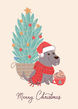Cute Dog Schnauzer On Christmas Card. Vector Illustration With Christmas Tree In Flat Style And Lettering Merry Christmas.