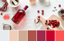 Color Matching Palette From Image Of Home Made Cranberry Tincture. Homemade Alcoholic Drink Preparation. Berry Alcoholic Drinks Concept. Glass Jars With Dry Herbs, Cane Sugar And Spices.