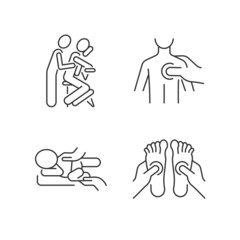 Canvas Print - Massage therapy techniques linear icons set. Pressing on trigger points. Treating newborn colic. Customizable thin line contour symbols. Isolated vector outline illustrations. Editable stroke