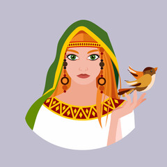 Wall Mural - The avatar of a red-haired girl in a white toga with embroidery and a green blanket on her head releases the bird from her hands. Historical costume. Flat vector illustration.