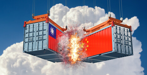 Two freight containers with Taiwan and China national flag crashing into eachother. 3D Rendering