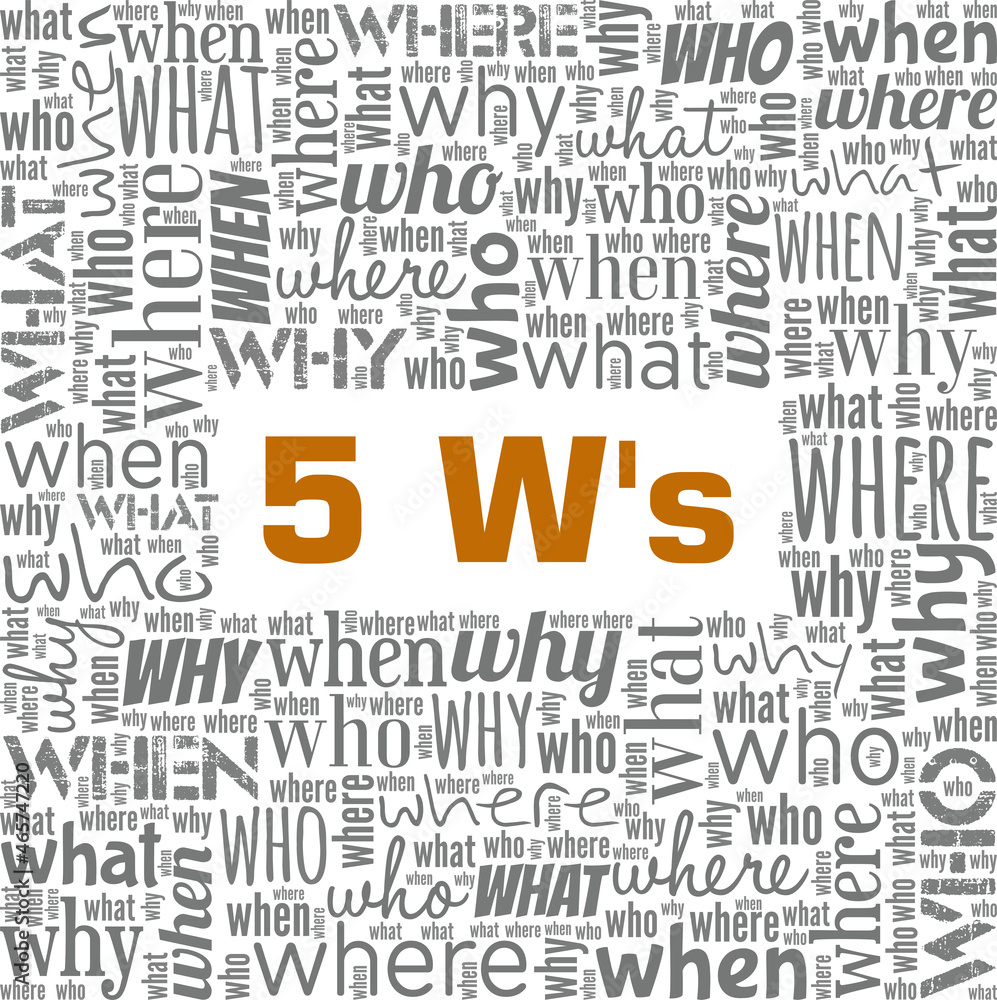 Five W's - Who, Where, Why, What, When vector illustration word cloud ...