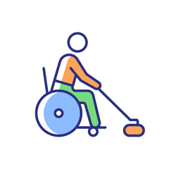 Sticker - Wheelchair curling RGB color icon. Adaptive sport championship. Winter game match. Team competition on ice. Sportsman with disability. Isolated vector illustration. Simple filled line drawing