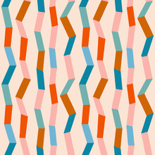 Irregular Zig Zag With Vertical Stripes Illustration. Contemporary Collage Seamless Pattern In Vector With 70s Color Palette. Vector Illustration
