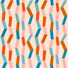Irregular zig zag with vertical stripes illustration. Contemporary collage seamless pattern in vector with 70s color palette. Vector illustration