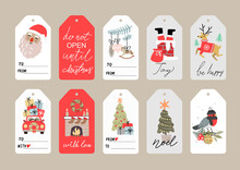 Christmas Tags Set With Typography. Labels With Santa, Deer, Xmas Tree, Car